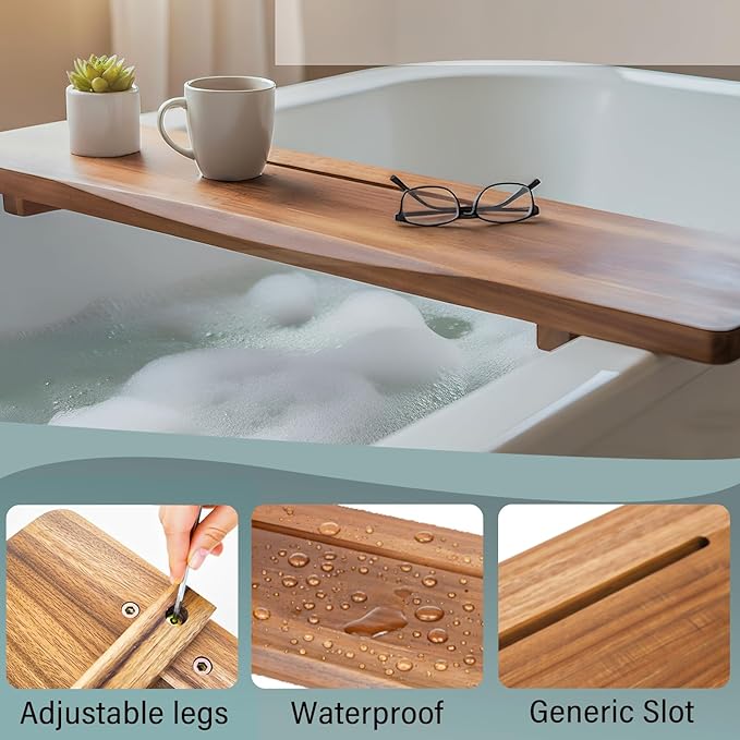 Acacia Wood Bathtub Tray Caddy for Freestanding Tub, 35 Inch Adjustable Bath Tray for Tub, Luxury Spa Bathroom Tray Organizer Table, Bath Tub Accessories for Women, Housewarming, Birthday Gifts