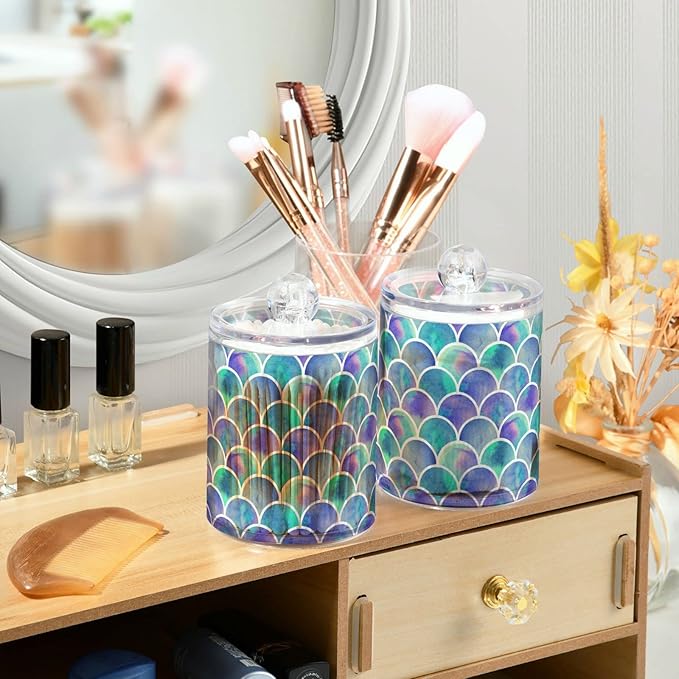 MNSRUU 4 Pack Qtip Holder Organizer Dispenser Watercolor Rainbow Scales Of Mermaid Bathroom Containers Bathroom Vanity Storage Canister Apothecary Jars for Cotton Swabs/Pads/Floss
