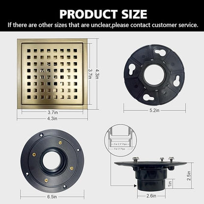 4 Inch Square Shower Drain with Flange, Removeable Grate SUS 304 Stainless Steel Shower Drain with Hair Catcher (Brushed Gold, 4 Inch)
