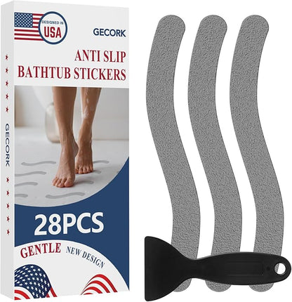 28 PCS Shower Floor Non Slip Stickers with Strong Adhesive, Invisible & Durable Anti Slip Shower Stickers with Scraper for Bath Tub, Pools and Stairs(Grey,Wavy)