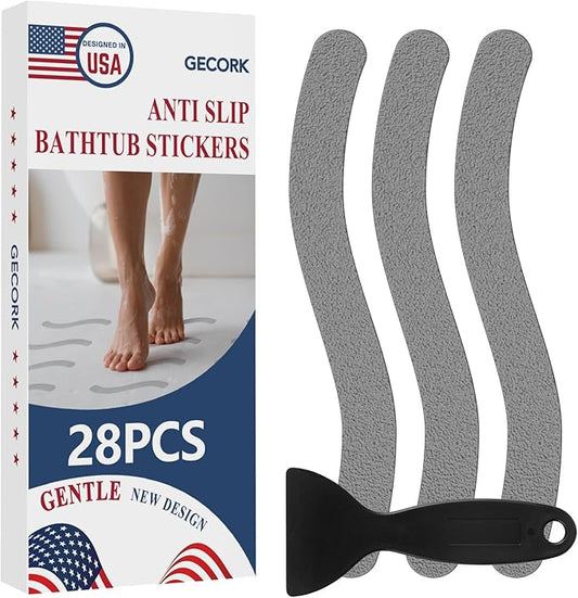 28 PCS Shower Floor Non Slip Stickers with Strong Adhesive, Invisible & Durable Anti Slip Shower Stickers with Scraper for Bath Tub, Pools and Stairs(Grey,Wavy)