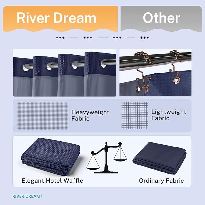 River Dream Stall Heavyweight No Hooks Required Dotted Waffle Weave Shower Curtain with Snap in Liner - 36W x 74H,Hotel Grade,Spa Like Bath Curtain,Navy