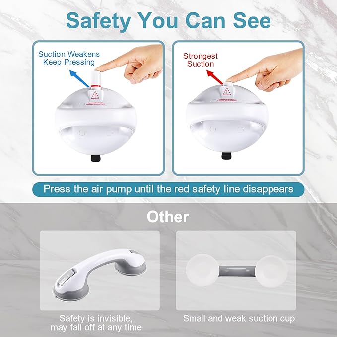 Upgraded Suction Shower Grab Bar with Glow-in-The-Dark Handle, Extra Strong 418lb Suction Handle for Bathtubs, Showers, and Toilets, Safety for Elderly/Seniors, White, 2 Pack