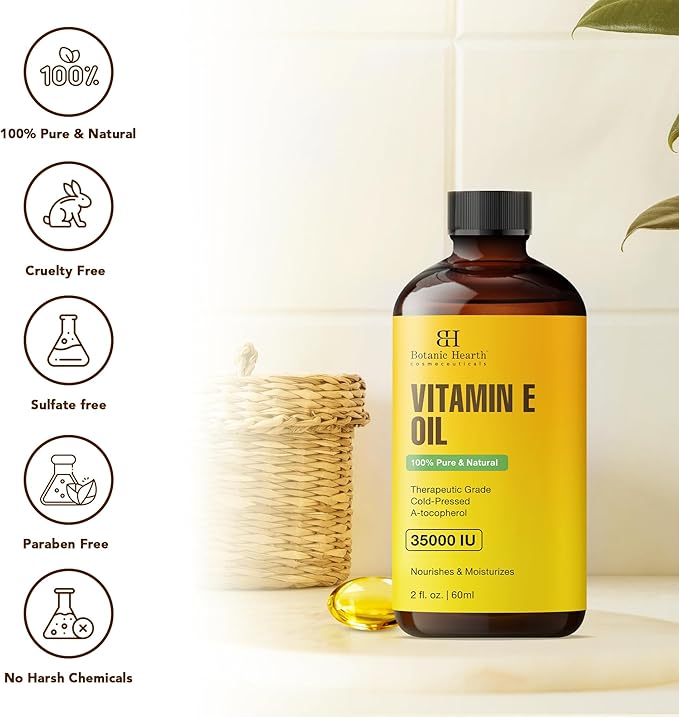 Botanic Hearth Vitamin E Oil (Glass Bottle 2 Fl Oz Set of 2) | 100% Pure and Natural Oil for Growth of Nails, Hair, Eyebrows & Eyelashes | 35,000 Iu | Hair & Body Oil with Eyebrow & Eyelash Brush