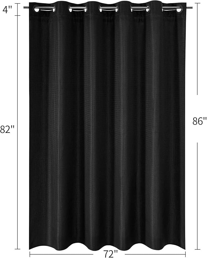 MitoVilla No Hooks Needed Extra Long Shower Curtain Liner Set, 86 inch XL Black Waffle Heavyweight Fabric Cloth Shower Curtains Set with Snap-in Liner for Modern Luxury Hotel & Spa Bathroom Decor