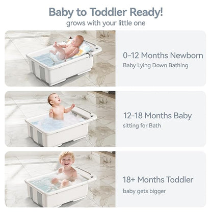 Collapsible Baby Bathtub with Stand - Large Baby Bath Tub with Thermometer & Cushion | Portable Travel Newborn Infant Bathtub | Foldable Toddler Bathtub for Baby 0 to 36 Months (White)