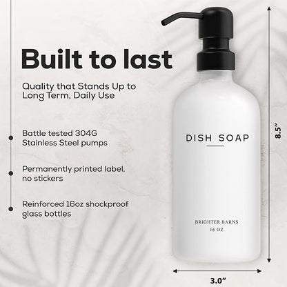 White Glass Hand and Dish Soap Dispenser Set by Brighter Barns - Kitchen Soap Dispenser & Stainless Steel Pump - Glass Bottles for Kitchen Sink - Farmhouse Home Decor, Bathroom Accessories (White)
