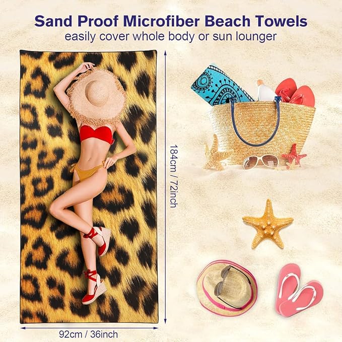 Leopard Print Yellow Black Beach Towel 36"x72" Quick-Dry Sand-Free Lightweight Microfiber