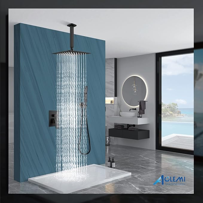 Aolemi Ceiling Mount Shower System Rain Shower Head with Handheld Spray High Pressure Shower Faucet Set Rough-in Valve Shower Trim Kit Included Bathroom Oil Rubbed Bronze 10 Inch Ceiling Shower Head
