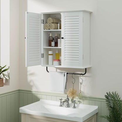 White Wall Mounted Cabinet, Over the Toilet Storage Cabinet, Wooden Wall Cabinet with 2 Doors & Hooks, White Wall Cabinet, Medicine Cabinet Organizer, Storage Cabinets Over Toilet Livingroom Kichen
