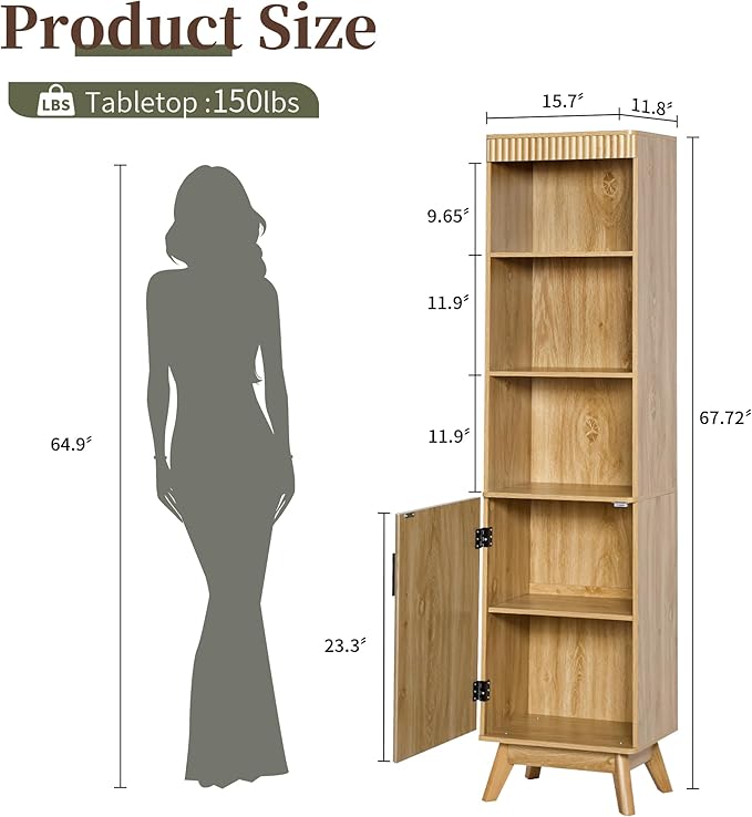 68" Tall Bathroom Storage Cabinet,Narrow Fluted Tower Cabinet with Door and Shelves,Slim Space Saving Storage Unit for Bathroom Kitchen Living Room (Natural, 11.8" D x 15.75" W x 68" H)
