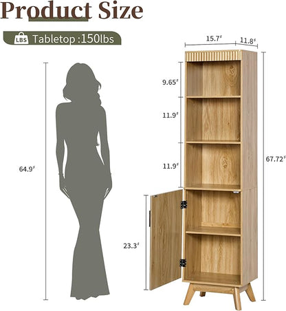 68" Tall Bathroom Storage Cabinet,Narrow Fluted Tower Cabinet with Door and Shelves,Slim Space Saving Storage Unit for Bathroom Kitchen Living Room (Natural, 11.8" D x 15.75" W x 68" H)
