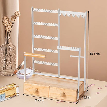 DreamGenius Jewelry Organizer Stand with 2 Velvet Ring Holder Drawers, 5 Tier Jewelry Holder Organizer with 11 Hooks for Necklaces and 145 Holes for Earrings, White