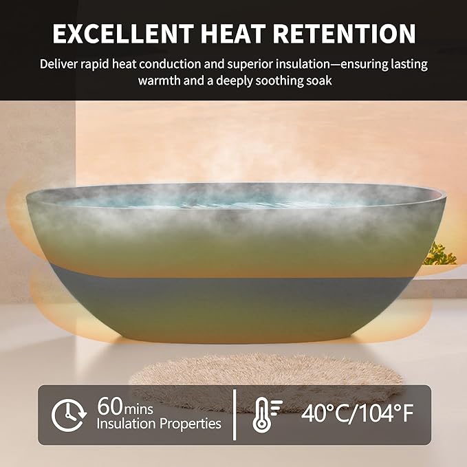 Abruzzo 65" Freestanding Solid Surface Bathtub - Stone Resin Soaking Tub with Overflow & Pop-Up Drain, cUPC Certified Matte Grey, 69 Gallon Capacity Deep Soak Tub for Modern Bathrooms