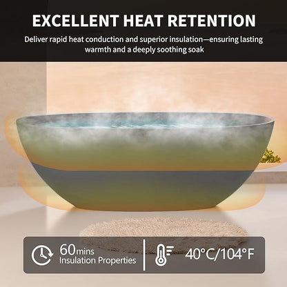Abruzzo 65" Freestanding Solid Surface Bathtub - Stone Resin Soaking Tub with Overflow & Pop-Up Drain, cUPC Certified Matte Grey, 69 Gallon Capacity Deep Soak Tub for Modern Bathrooms