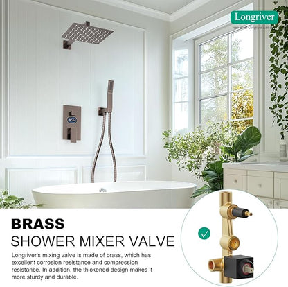 Longriver Shower Faucet Set with Hydro Power Temperature Display, Shower System 10 Inch Shower Head with Handheld Spray, Wall Mounted Shower Fixtures with Shower Valve and Trim Kit, Oil Rubbed Bronze