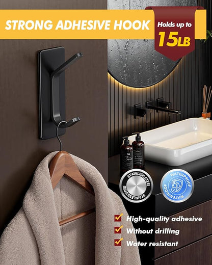 Auxmir Self Adhesive Hooks for Hanging 15lb, Stainless Steel Wall Hooks for Coat and Towel, Waterproof Oilproof Rustproof Adehesive Door Hanger for Bathroom Shower Kitchen Office RV, Black, 5 Pack
