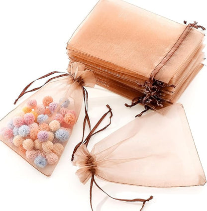 Hopttreely 100pcs Organza Bags, Light Brown 4''x4.72''(10x12cm) Satin Drawstring Organza Pouch Wedding Party Favor Gift Bag Jewelry Watch Bags