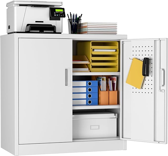 Aobabo 31.5" H Metal Storage Cabinet with 2 Shelves, Lockable Steel Cabinet with 4 Hooks for Home Office Garage, White, Assembly Required