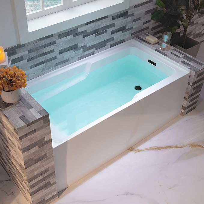 WOODBRIDGE 54" Acrylic Rectangular Alcove Soaking Bathtub in White with Right Drain, Oil Rubbed Bronze Pop-Up Drain Included BA5430R