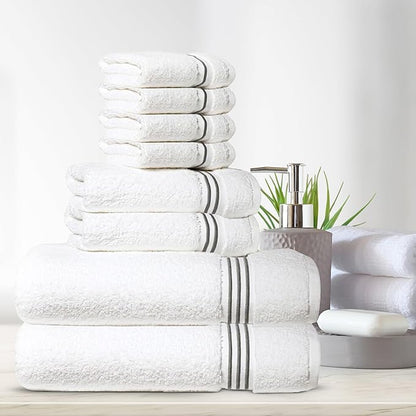 8-Piece Premium Towel Set, 2 Bath Towels, 2 Hand Towels, and 4 Wash Cloths, 100% Ring Spun Cotton Highly Absorbent Towels for Bathroom, Gym, Hotel, and Spa