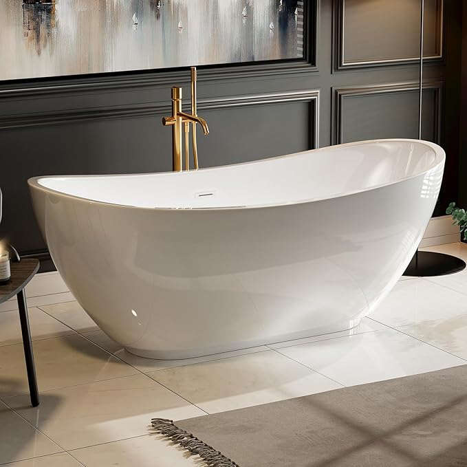 Empava 69 Inch Freestanding Bathtub - Acrylic Free Standing Soaking Tubs with Contemporary Design, White