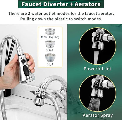 CECEFIN Kitchen Faucet Hose Attachment, Sink Sprayer Replacement Head with 4.9 Ft Stainless Steel Hose, Water Saving Aerator with 3-Way Diverter Valve for Hair Washing Laundry Room and Pet Shower
