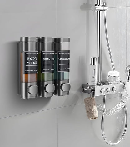 Shower Soap Dispenser Wall Mounted No Drill Shampoo Dispenser for Shower Wall Shampoo and Conditioner Dispenser Bathroom Hotel 3 * 300ml Gungray with Labels
