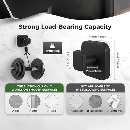 2Pcs Square Suction Cup Hook, 304 Stainless Steel Shower Hook, Removable Suction Cup Knob for Shower, Bathroom, Kitchen, Glass Door, Mirror (Black)