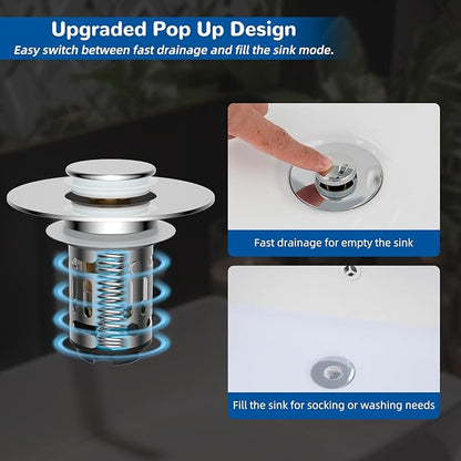 Hibbent 2 Pack 3 in 1 Bathroom Sink Drain Strainer, Universal Pop Up Stopper with Removable Stainless Steel Filter Basket Hair Catcher, Sink Plug for 1.1''~2.36'' Basin, Brass Bullet Core, Chrome