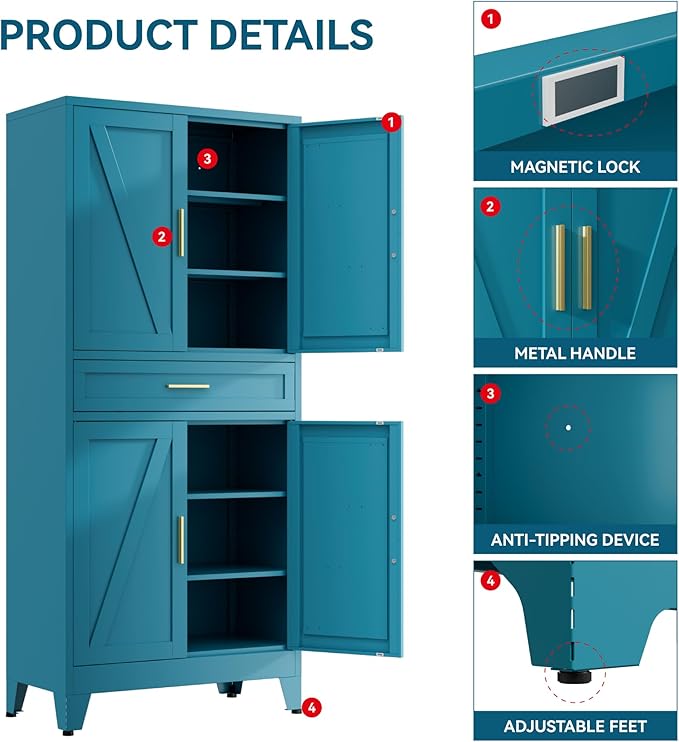 71" Tall Farmhouse Pantry Cabinet,Metal Cabinets with Doors and Shelves,Storage Cabinet for Kitchen Dining Room Garage,Blue Green