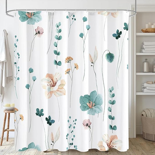 Gibelle Long Shower Curtain 72 x 78, Watercolor Floral Fabric Shower Curtain, Teal Beige Flower Decorative Bathroom Shower Curtain Set