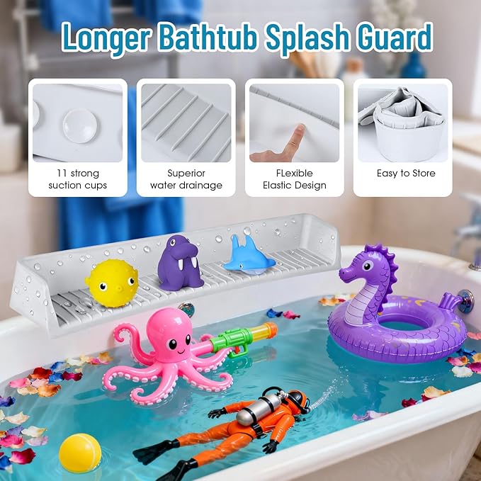 Splash Guard for Bathtub Kids, Longer Silicone Bathtub Splash Guard with 11 Suction Cups, Bath Tub Play Shelf for Kids & Toy Holder, Prevent Water Spill in Bathroom, Grey