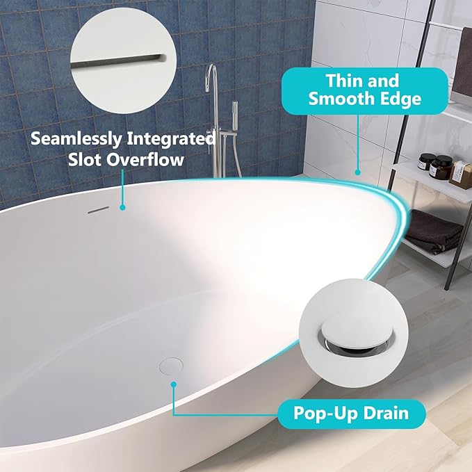63'' Solid Surface Freestanding Bathtub Matte Soaking Bathtubs Tubs Oval Resin Stone Bathtubs with Overflow and Pop-up Drain - White