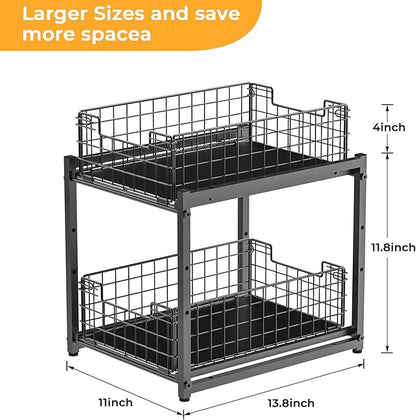 Under Sink Organizer, 2-Tier Pull Out Cabinet Organizer, Kitchen Bathroom Organizer and Storage, Spice Rack for Kitchen, Multi-use Sliding Drawers Shelves, Pack of 2