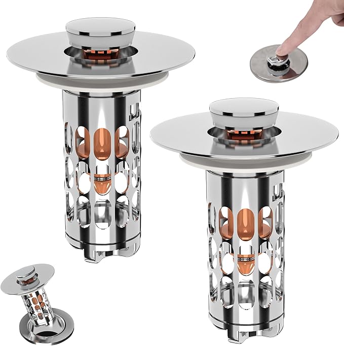 Pop up Bathroom Sink Drain Strainer,Universal Sink Stopper Bathroom Drain with Filter Basket,Bathroom Sink Stopper Hair Catcher for 1.06"~1.61" Drain Hole 2 PCS(Silver Chrome)