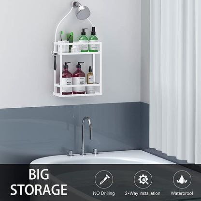 Meangood Shower Caddy 10.4" x 4.5" x 22.04" Hanging Shower Caddy Organizer Over Shower Head Big Capacity for Shampoo, Conditioner with Hooks for Razor/Sponge, White