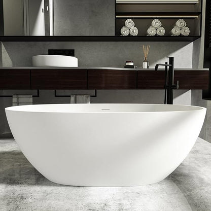Cpingao 63" Freestanding Bathtub, Oval Shaped Resin Stone Freestanding Tubs, Solid Surface Matte White Soaking Tub with Overflow and Pop-up Drain 8801-1600
