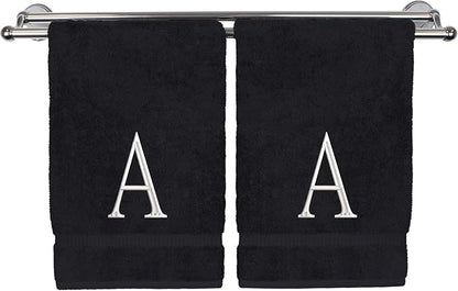 Monogrammed Hand Towel, Personalized Initial Gift, Extra Absorbent 100% Turkish Cotton - Soft Terry Finish - Set of 2 - White Block Initial A - Embroidered on Black Towels