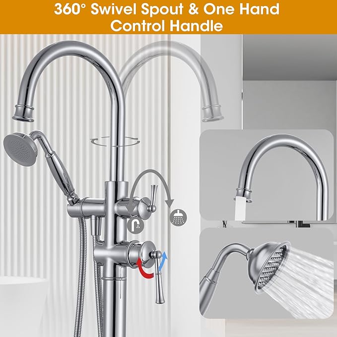Freestanding Tub Faucet, Floor Mount Tub Faucet Polished Chrome High Flow Tub Filler, Roman Tub Faucet with Antique Handheld, Swivel Gooseneck Spout Shower Mixer Taps (B2311-CP)