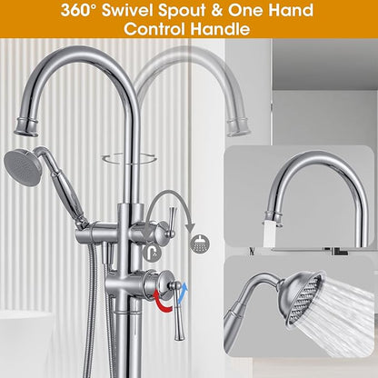 Freestanding Tub Faucet, Floor Mount Tub Faucet Polished Chrome High Flow Tub Filler, Roman Tub Faucet with Antique Handheld, Swivel Gooseneck Spout Shower Mixer Taps (B2311-CP)