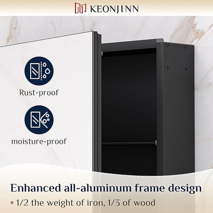 Keonjinn 36 x 24 Inch Black Medicine Cabinet, Bathroom Medicine Cabinet with Mirror, Lightweight Aluminum Structure, Assembly Required, in Wall or Wall Mount, Free Adjustable Shelves, Tempered Glass