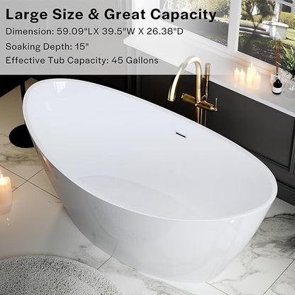 Empava Freestanding Bathtub, Acrylic Soaking Tub with Brushed Nickel Drain & Overflow – Modern Standalone Shower Tub, Non-Slip Flat Bottom Design, Glossy White, 59 Inch,cUPC Certified