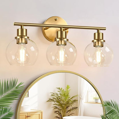 3-Light Bathroom Light Fixtures, Brushed Gold Modern Vanity Lights Over Mirror with Clear Glass Globe Shade, Bathroom Wall Sconces for Mirror Kitchen Living Room Hallway Cabinet Bedroom Porch