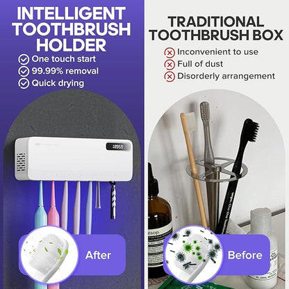 Smart Toothbrush Sanitizer & Holder, 5+1+1 Slot Wall Mounted Toothbrush Cleaner with Heating Dryer, No-Drilling Bathroom Storage for Multiple Toothbrushes and Electric Brushes