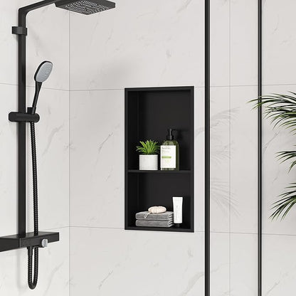 Neodrain No Tile Shower Niche, Stainless Steel Wall Cabinet 25.1"X13.1"(Inner Size 24"X12"), Two-Tier Bathroom Shelf, NO Tile Needed Recessed Niche Shower for Bathroom Storage, Matte Black
