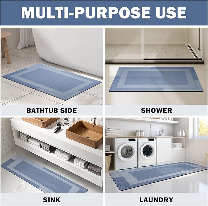 Extra Long Non Slip Bathroom Runner Bath Mat, Rubber Backing Ultra Thin Bath Rug Fit Under Door Quick Dry Super Absorbent Washable Shower Mat for Bathroom Floor Bathtub Sink, Blue 24"x70"
