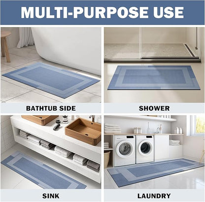 Extra Long Non Slip Bathroom Runner Bath Mat, Rubber Backing Ultra Thin Bath Rug Fit Under Door Quick Dry Super Absorbent Washable Shower Mat for Bathroom Floor Bathtub Sink, Blue 24"x70"