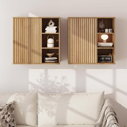 Fluted Bathroom Wall Cabinet, Small Medicine Wall Cabinet with Doors and Adjustable Shelves, Kitchen Wall Mounted Storage Cabinet, Floating Space Saver Over Toilet, Natural