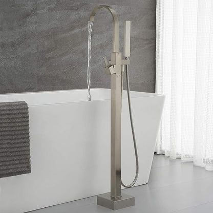Freestanding Bathtub Faucet Tub Filler Brushed Nickel Waterfall Floor Mount Faucets Single Handle with Hand Shower